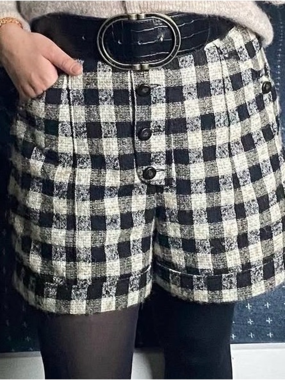 Sézane Marco Shorts Black & White Gingham Wool Blend Size 38 NWT